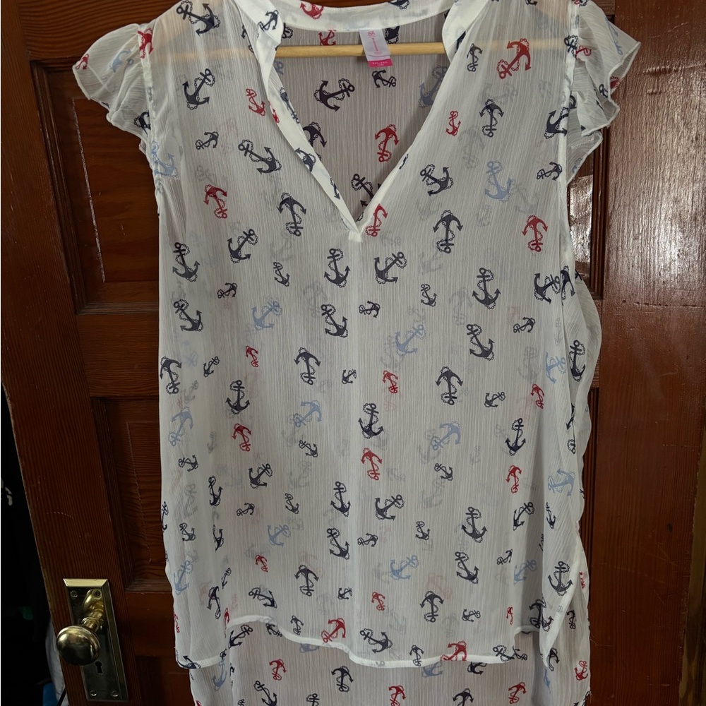 No Boundaries White Flutter Sleeve Blouse with Mandarin Collar